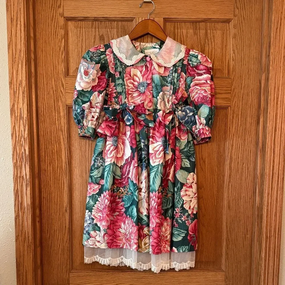 ANNE SAVOY Vintage 80s/90s Floral Cottagecore Dress Puff Sleeve Peter Pan Collar